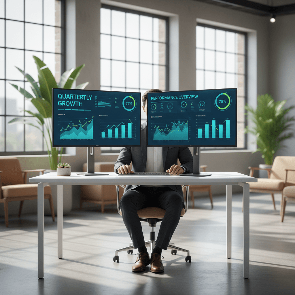 Professional reviewing analytics dashboards and business metrics