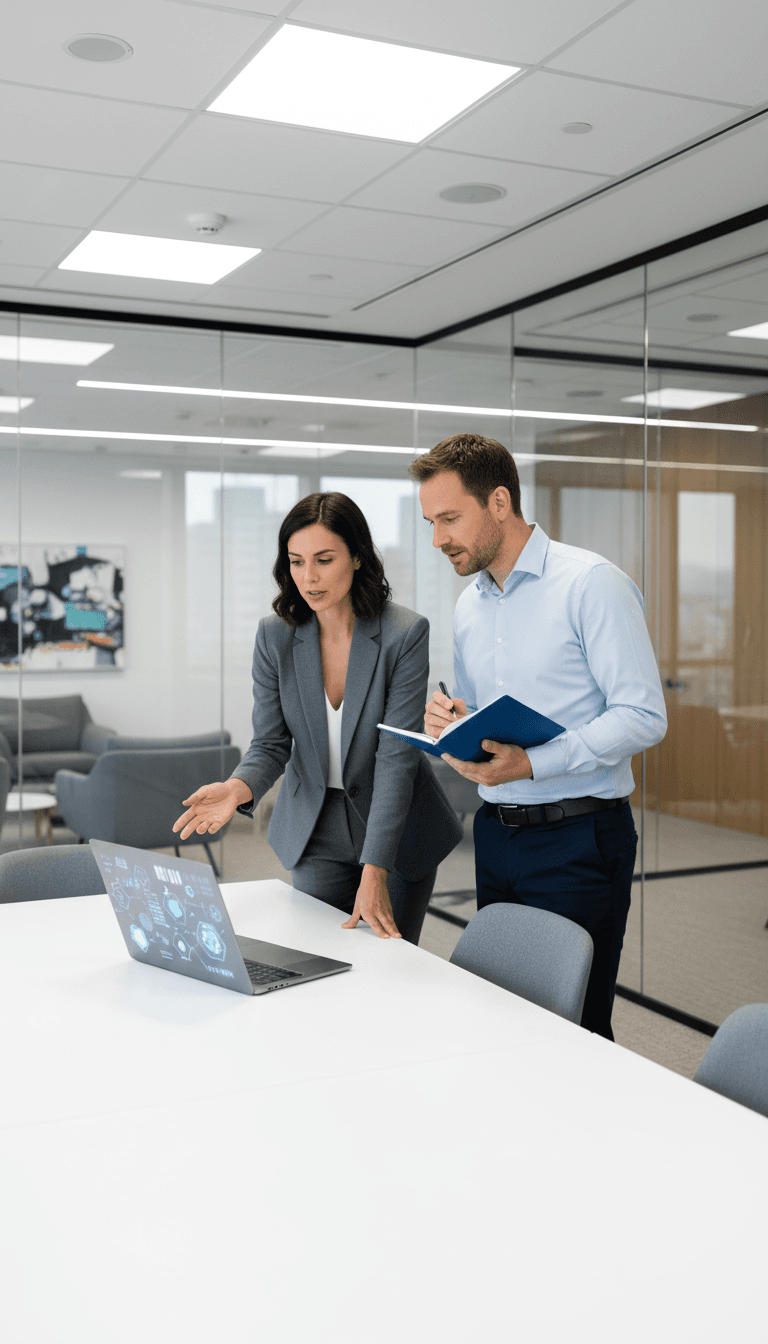 Two professionals collaborating on business strategy and technology solutions