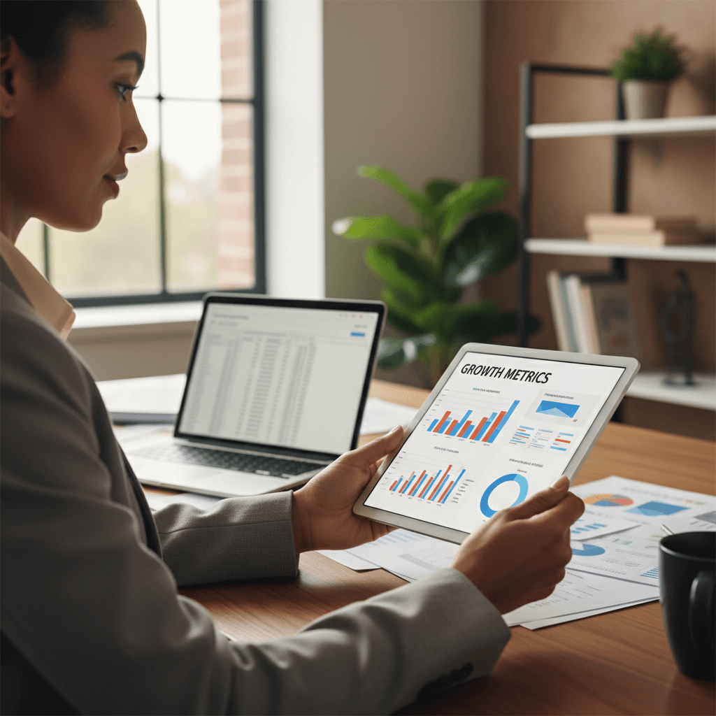 Business leader reviewing IT marketing performance metrics